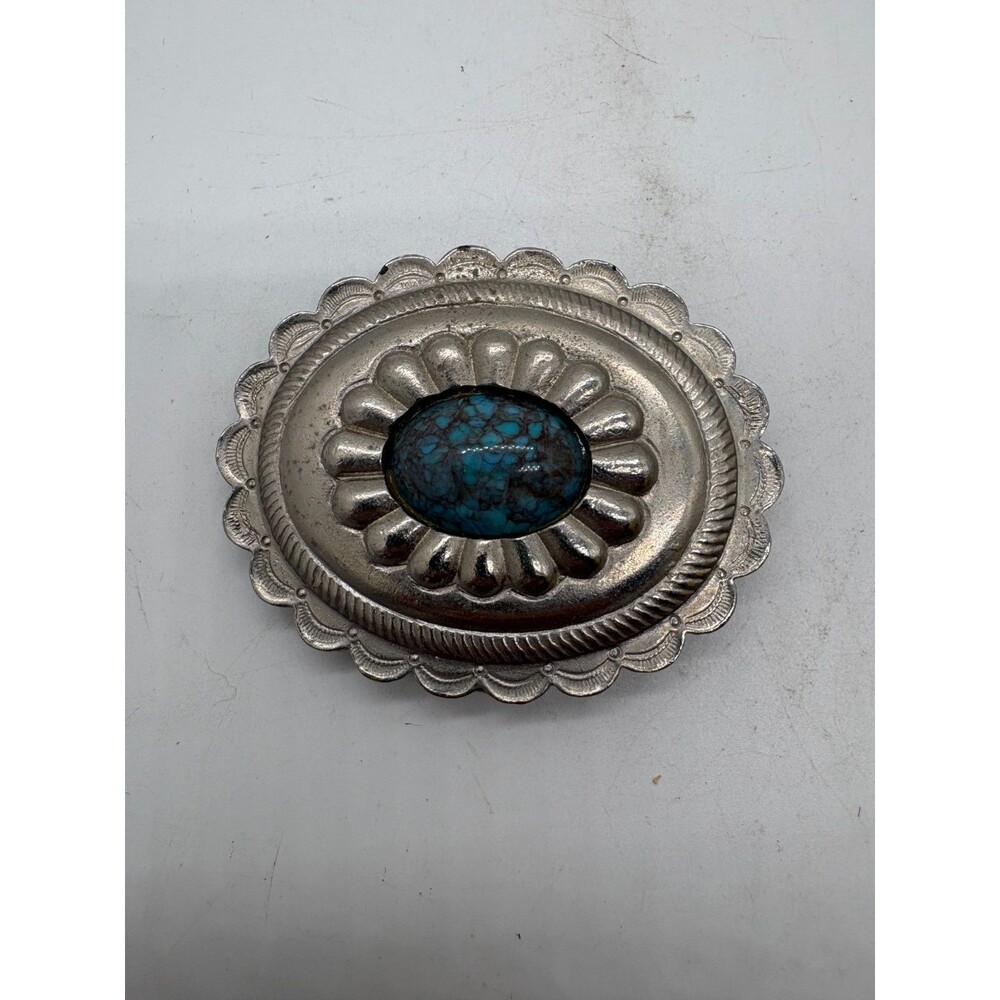 Vintage Concho Clip Faux Turquoise Stone Silver Tone Scalloped Oval Slider